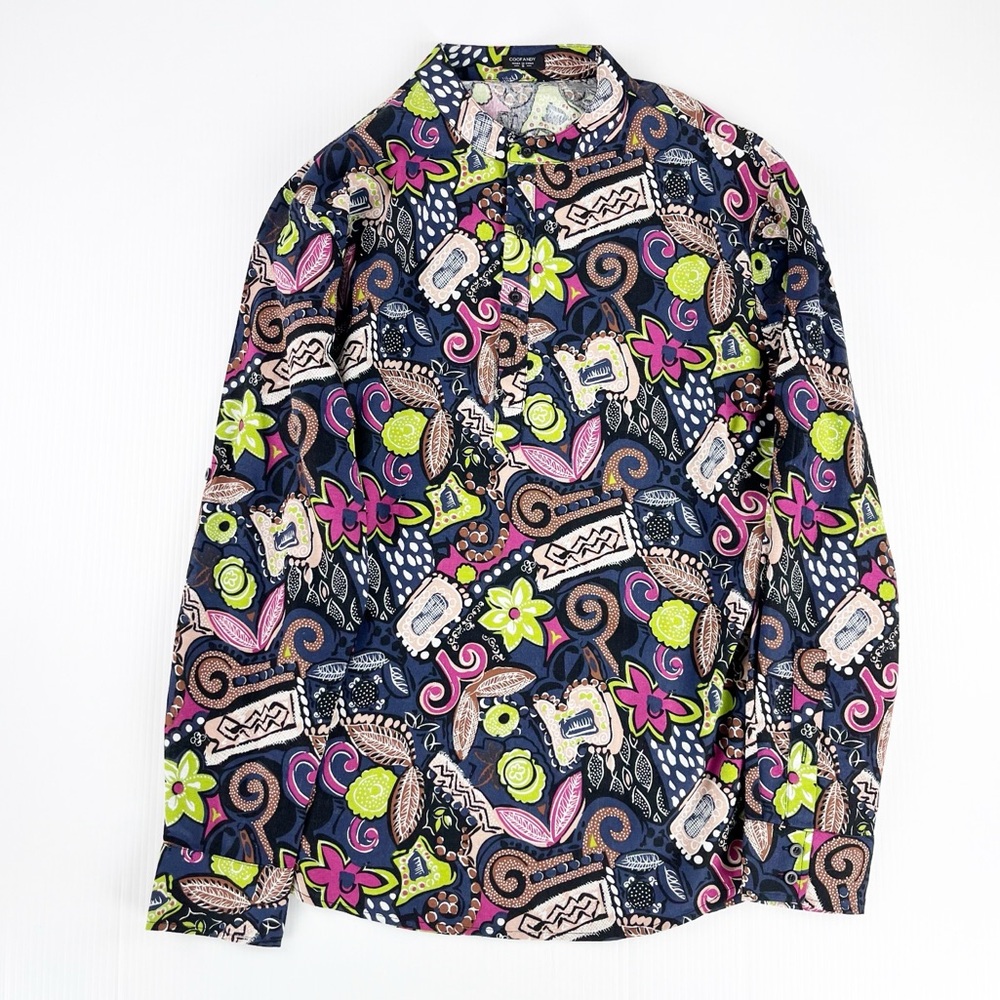 Coofandy Blue Green Floral Long Sleeve 1/4 Button Shirt Top